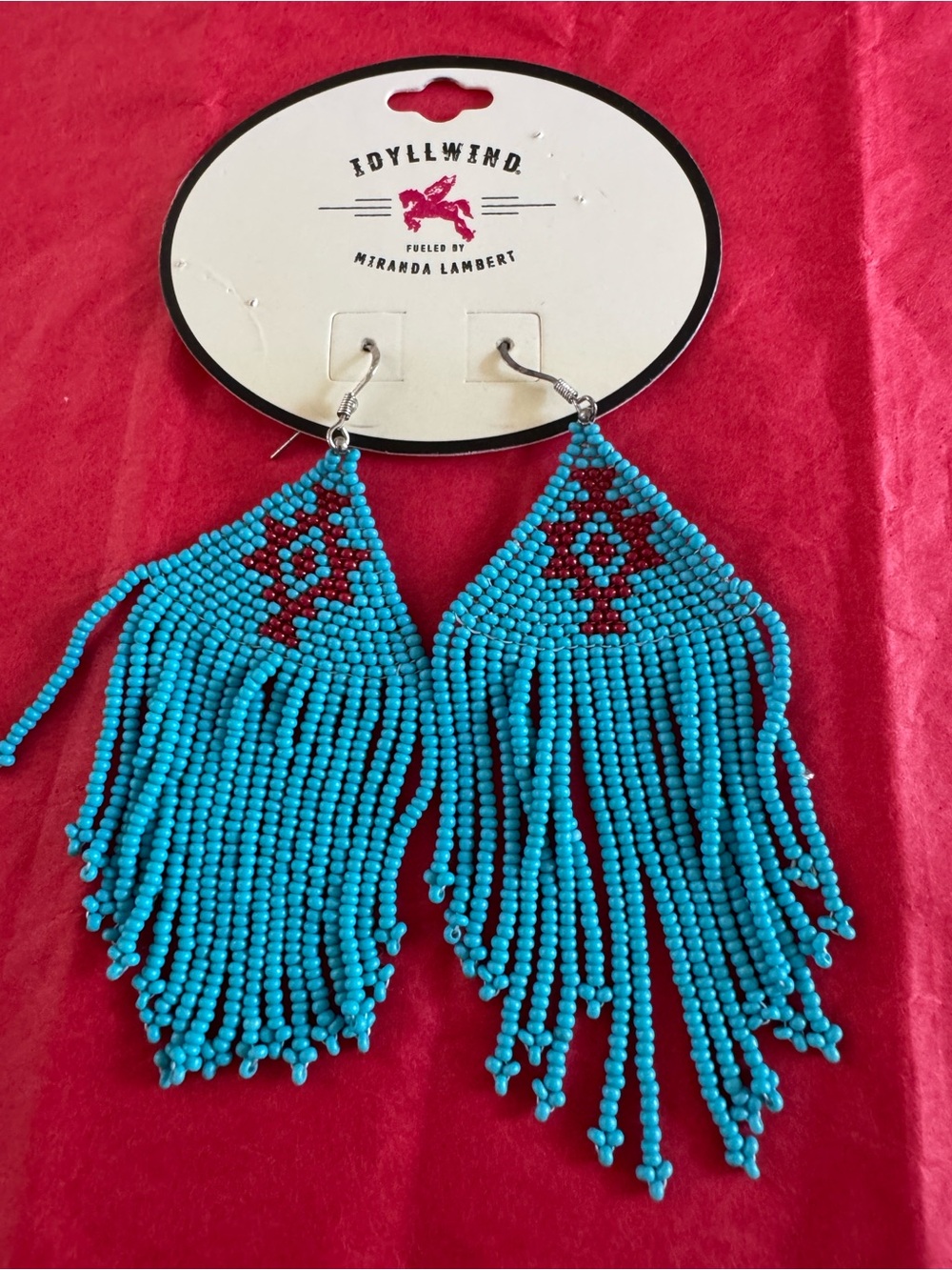 Idyllwind Turquoise Seed Bead Fringe Earrings with Red Accent